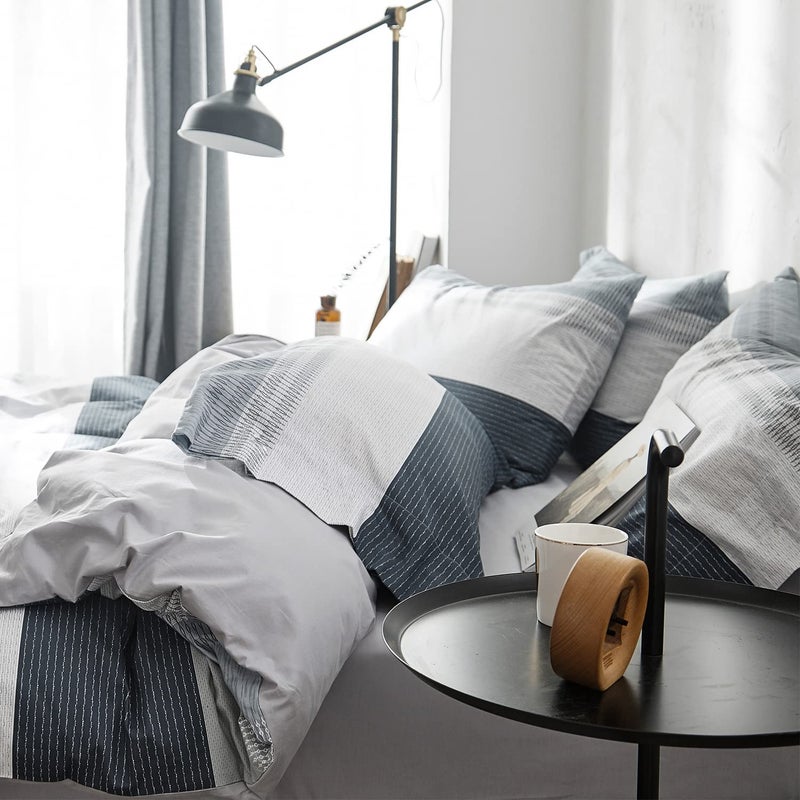 OREISE Duvet Cover Set King Size 100% Cotton Soft Bedding Set Gray Blue White Printed Striped Style,3Piece (1 Duvet Cover + 2 Pillowcase),Comfortable Luxurious - Image 3